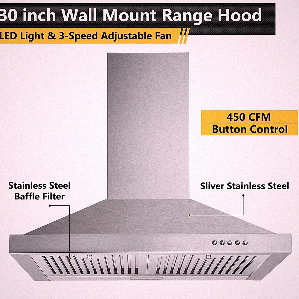 30 inch Wall Mount Hood Vents 450CFM Stainless Steel Filter Exhaust Fan LED New
