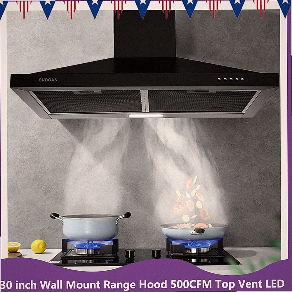 30 inch Wall Mount Kitchen Range Hood 500CFM Top Vent Black New LED Light