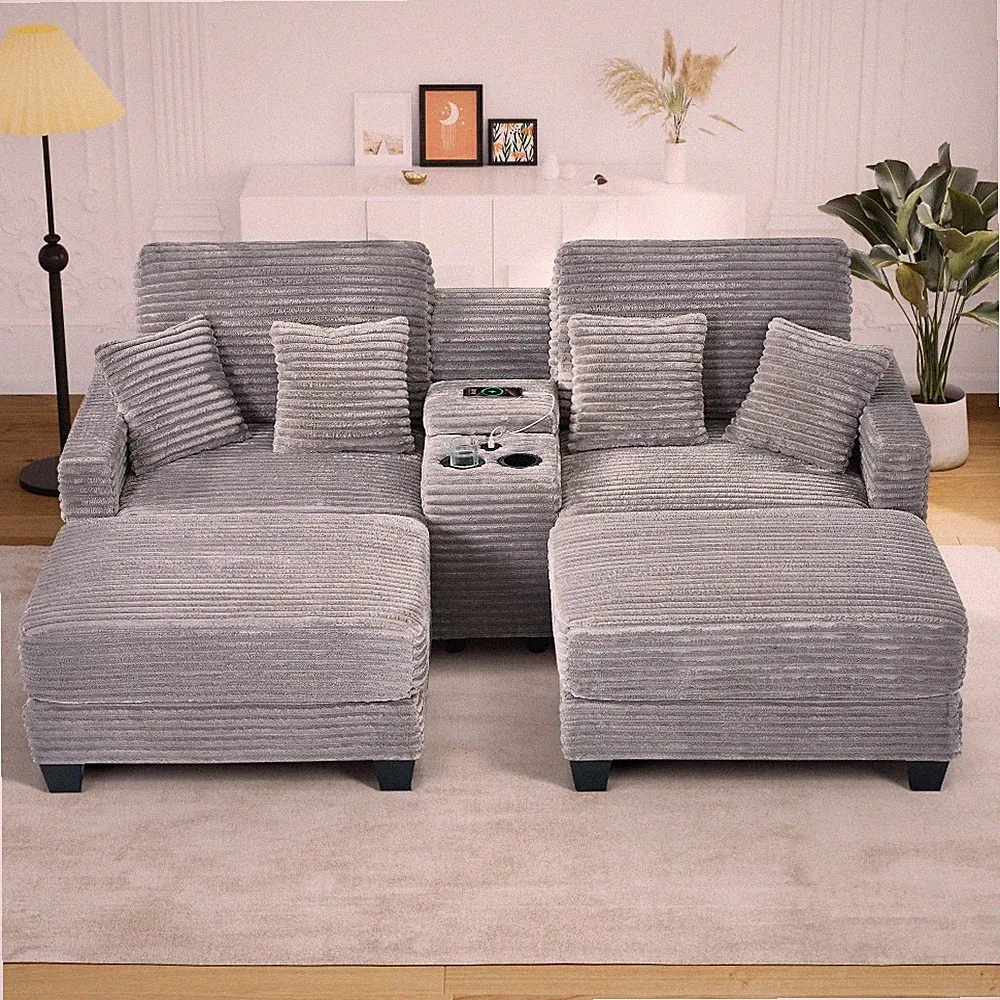 82.6" Oversized Upholstered Chaise Lounge Chair Sofa w/ USB Ports & Cup Holder