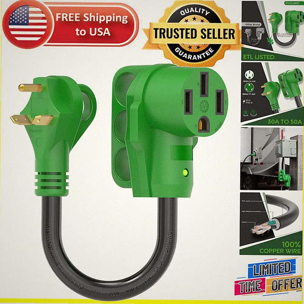 Compact 12 Inch 30A to 50A RV Power Adapter with Listing & Disconnect Handle