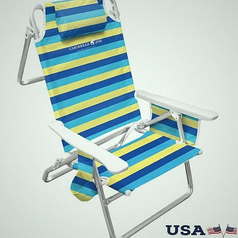 Deluxe Adjustable Beach Chair Portable Folding Recliner W/ Cup Holder & Headrest